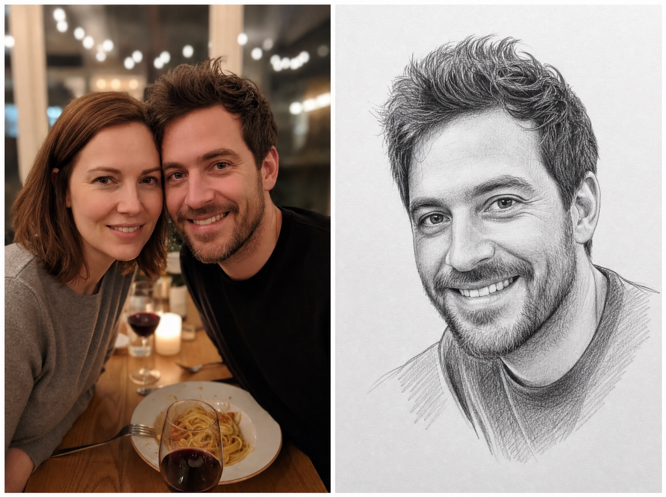Linda and her match — couple photo next to soulmate drawing